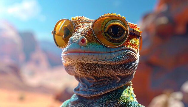 Lizard with Sunglasses in Desert Landscape, Close-Up Portrait.