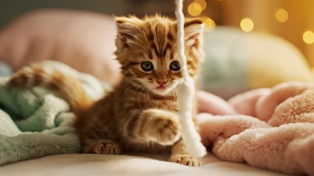 Playful Orange Kitten Batting at Dangling String