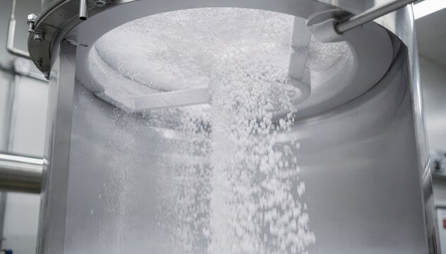 Medium shot capturing coated calcium carbonate particles being processed in a hightech reactor highlighting smooth surface finish and particle consistency.