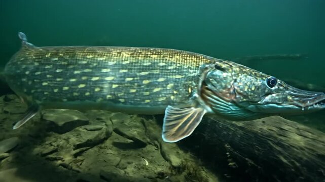 Pike Swimming in Dark Freshwater Depths