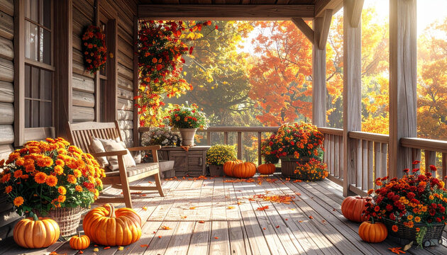 Autumn Porch with Pumpkin Decor
