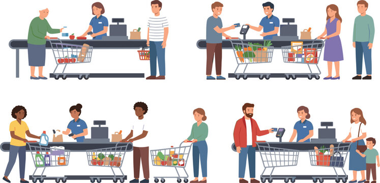 Flat vector set of diverse customers shopping and paying at grocery store checkout counters
