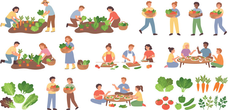 Diverse set of people gardening harvesting fresh vegetables cooking and eating healthy organic food together
