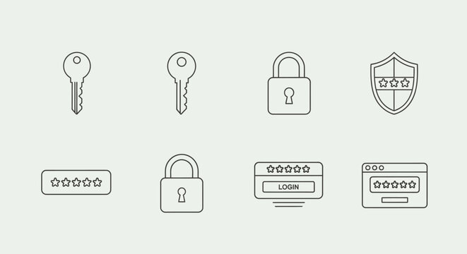 Security icons key lock shield password and login symbols displayed
