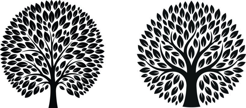 Tree of life set: Round silhouette of leafy trees with roots and branches for logo design