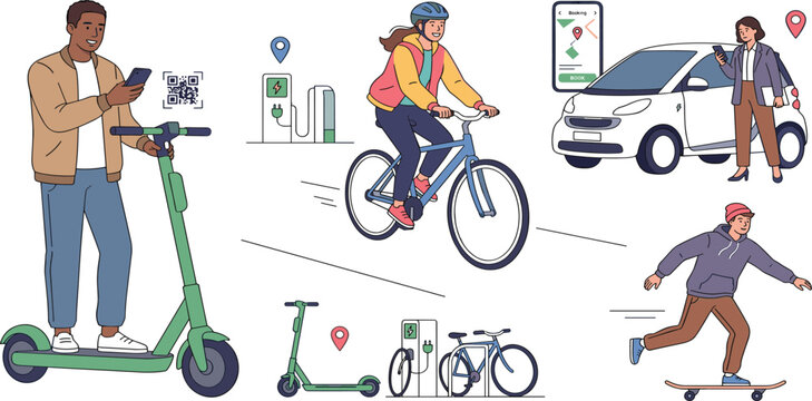 Vector set of people using smart urban mobility solutions including electric scooters bikes and carsharing