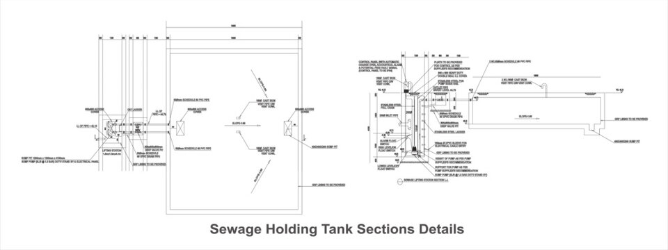 Detailed engineering drawing of sewage holding tank sections and components