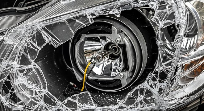 Close-up of shattered car headlight with broken glass