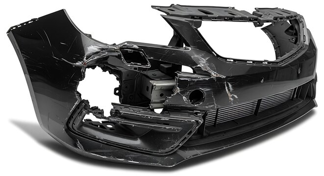 Damaged black car bumper with scratches and impact marks on white background Keywords: car