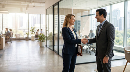 Fototapeta premium Professional business handshake between man and woman across a boardroom table in a modern office sealing a deal