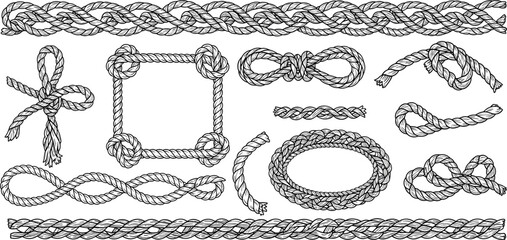 Nautical rope knots and braided borders collection in hand drawn marine vector illustration set © Prodip