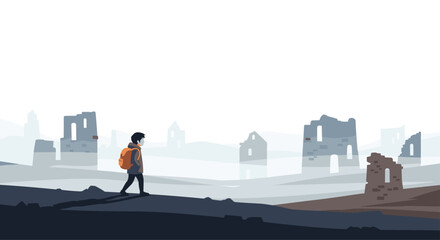 Obraz premium A small child carrying an orange backpack walks across a dark rocky terrain toward a series of faint ancient stone ruins set within a foggy and minimalist landscape.