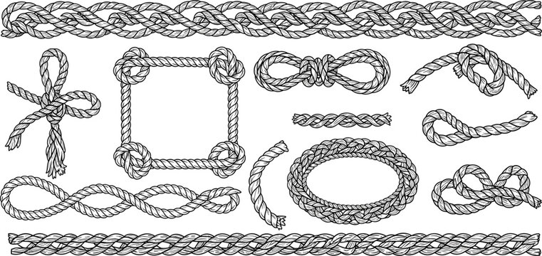 Nautical rope knots and braided borders collection in hand drawn marine vector illustration set