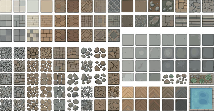 Stone tiles and pavement textures set, garden landscaping assets with concrete slabs and wood parquet floor, top view game building kit on transparent background