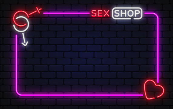 Bold neon vector frame with sex shop lettering and playful arrow symbol. Designed for adult store branding, window signage, and modern erotic layouts.