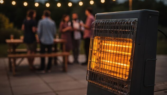 Electric heater medium shot focused on heating panel with blurred party guests and tables suggesting cozy openair event.