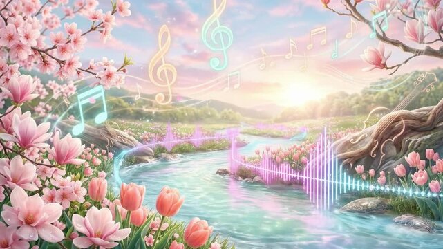 Dreamy landscape with blooming cherry blossoms and tulips along a winding river. Floating musical notes in pastel sunset sky over green hills. Magical harmony of nature and music concept