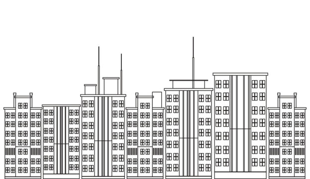 A black and white line drawing of a row of modern city buildings with many windows and rooftop features
