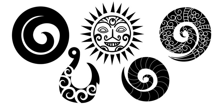 Set maori ekement, koru, sun, hook, vector flat. Polynesian style koru spiral swirls. Traditional New Zealand Maori art, minimalist style icon or logo. Vector illustration