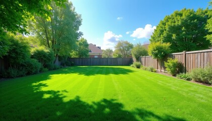 Fototapeta premium Large green lawn under bright blue sky with fluffy clouds. Neatly mowed grass field surrounded by tall trees and wooden fence. Perfect suburban backyard space for leisure or outdoor games.