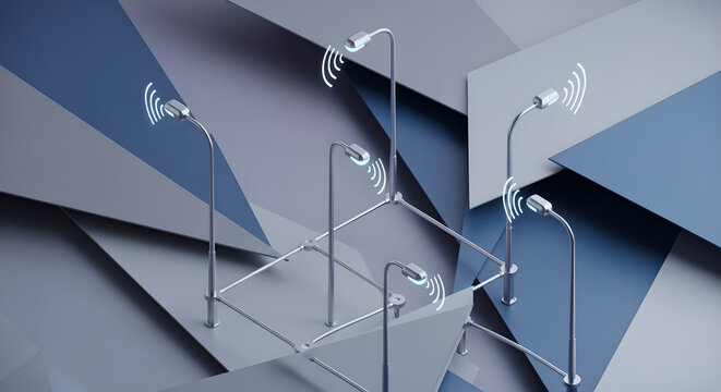 Low poly 3D modeling of a metallic object with multiple curved arms and WiFi symbols on a geometric background