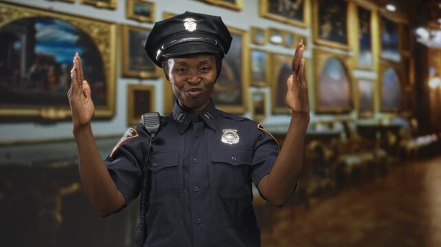 Woman police officer with visible badge and radio raises palms in stop gesture while standing before framed paintings in building; playful authority.