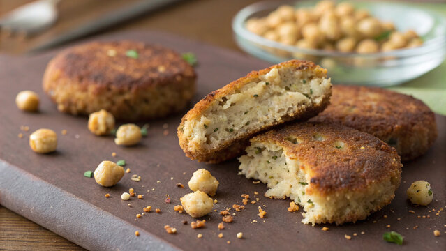 Macro crispy chickpea fritters with golden crust, airy interior, rough crunchy texture and soft natural minimal lighting