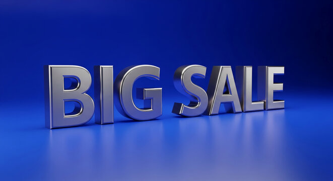 3D render of "Big Sale" text in metallic, set against a vibrant blue backdrop, signifying deal, promotion, and limited time opportunity