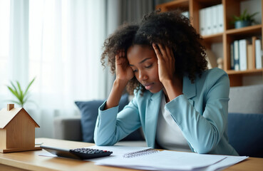 Obraz premium Young woman with hands on head looks down stressed at bills and calculator. Female worries about money and housing debt. Home budget planning shows financial strain and worry.