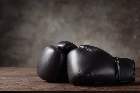 Realistic photography of a pair of boxing gloves on a high-end wooden desk, strength and competitive strategy