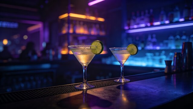 Two margarita cocktails with lime garnish on a dark bar counter with neon lights