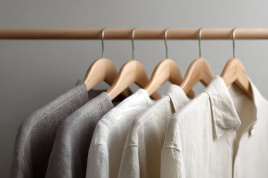 Flat lay of a capsule wardrobe with a few high-quality linen clothes on wooden hangers, quality not quantity concept