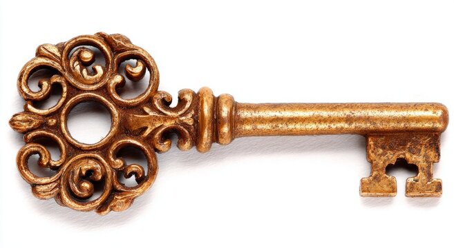 Classic antique key with intricate scrollwork and golden finish, golden skeleton key on a pristine white background. It's angled, casting subtle shadows