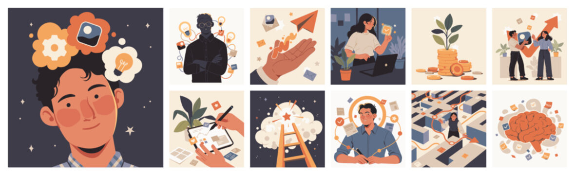 Business creativity and innovation set, flat cartoon characters with ideas, growth, cloud and mindfulness concepts. Vector