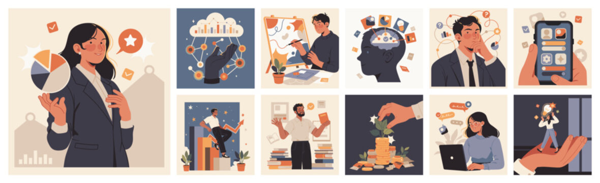 Business analytics and finance set, flat cartoon characters with data, investment, education and growth concepts. Vector