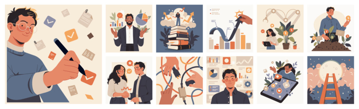 Business success and knowledge set, flat cartoon characters with learning, teamwork, automation and digital concepts. Vector