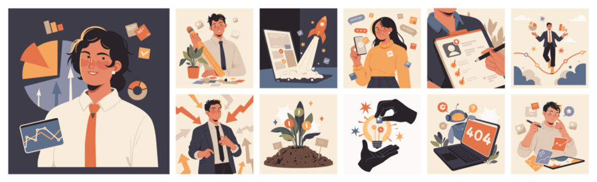 Business success and failure set, flat cartoon characters with startup, contract, error and investment concepts. Vector