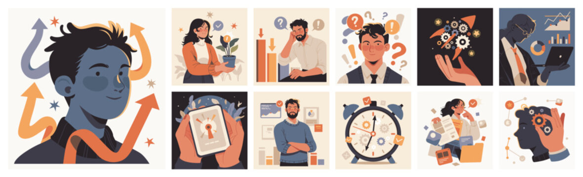 Business situations set, flat cartoon characters with decision, confusion, time management and innovation scenes. Vector