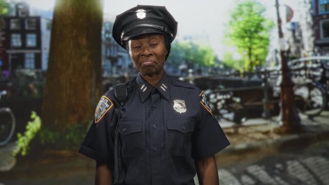 Young woman police officer with badge and radio making a questioning shrug gesture in a canal side street scene with bicycles and bridge; duty bemusement.