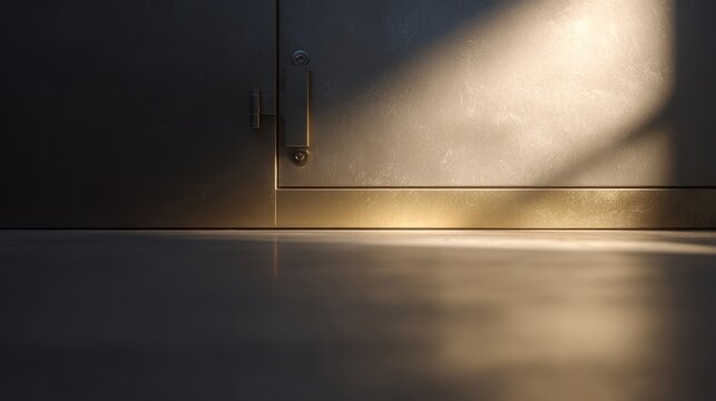 Realistic photography of a bank vault door, partially open with golden light spilling out, large dark foreground for text