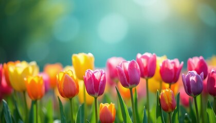 Plakat Colorful tulips bloom in a sunlit garden. Fresh spring flowers create a vibrant natural backdrop for seasonal themes and celebrations. Gentle breeze stirs petals.