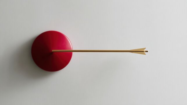 Realistic shot of a golden arrow hitting the center of a red target on a white wall, minimalist and sharp focus