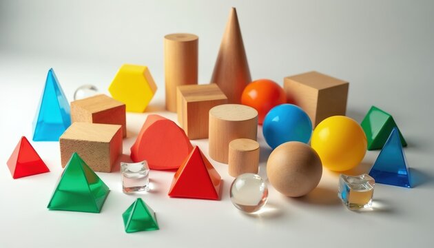 Various 3D geometric shapes, solids made from wood plastic, glass are arranged on white background. Objects include cubes pyramids spheres cones cylinders, prisms in different colors, sizes.