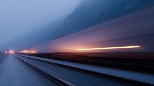 Realistic photography of a high-speed freight train moving through a mountain pass, long exposure, connectivity and speed