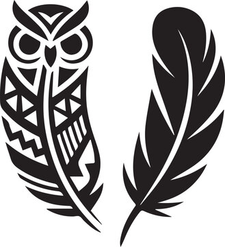 Black and white tribal owl and feather design on isolated white background with detailed patterns