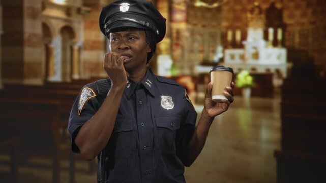 African american woman police officer in uniform bites fingernail with hand to mouth while holding a paper coffee cup and visible badge inside building; anxiety.