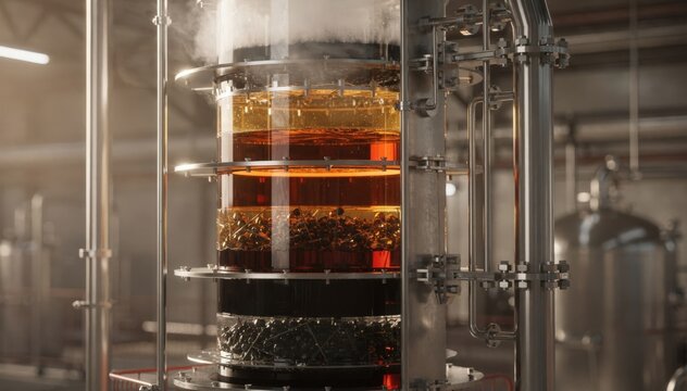 Medium shot of bindergrade coal tar pitch distillation focusing on layered liquid fractions and structural column components during thermal processing.