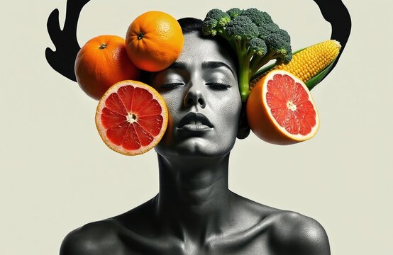 Monochrome portrait of woman adorned with fresh fruits and vegetables. Citrus slices and broccoli surround her head, suggesting health diet and nourishment. Abstract design.