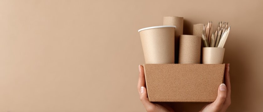 Banner with female hands holding recyclable office supplies made of cork and recycled paper, sustainable business concept