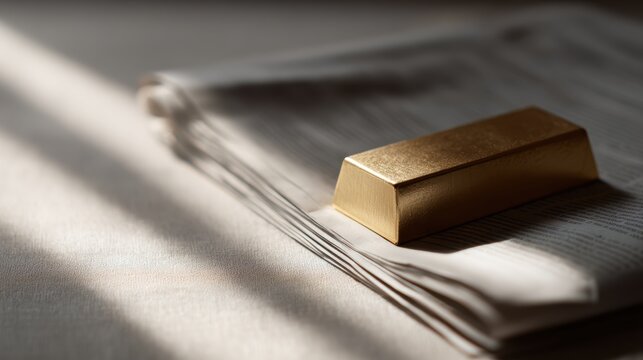 Realistic photography of a solid gold bar resting on a stack of high-end business newspapers, soft morning sunlight from a window, professional wealth management concept